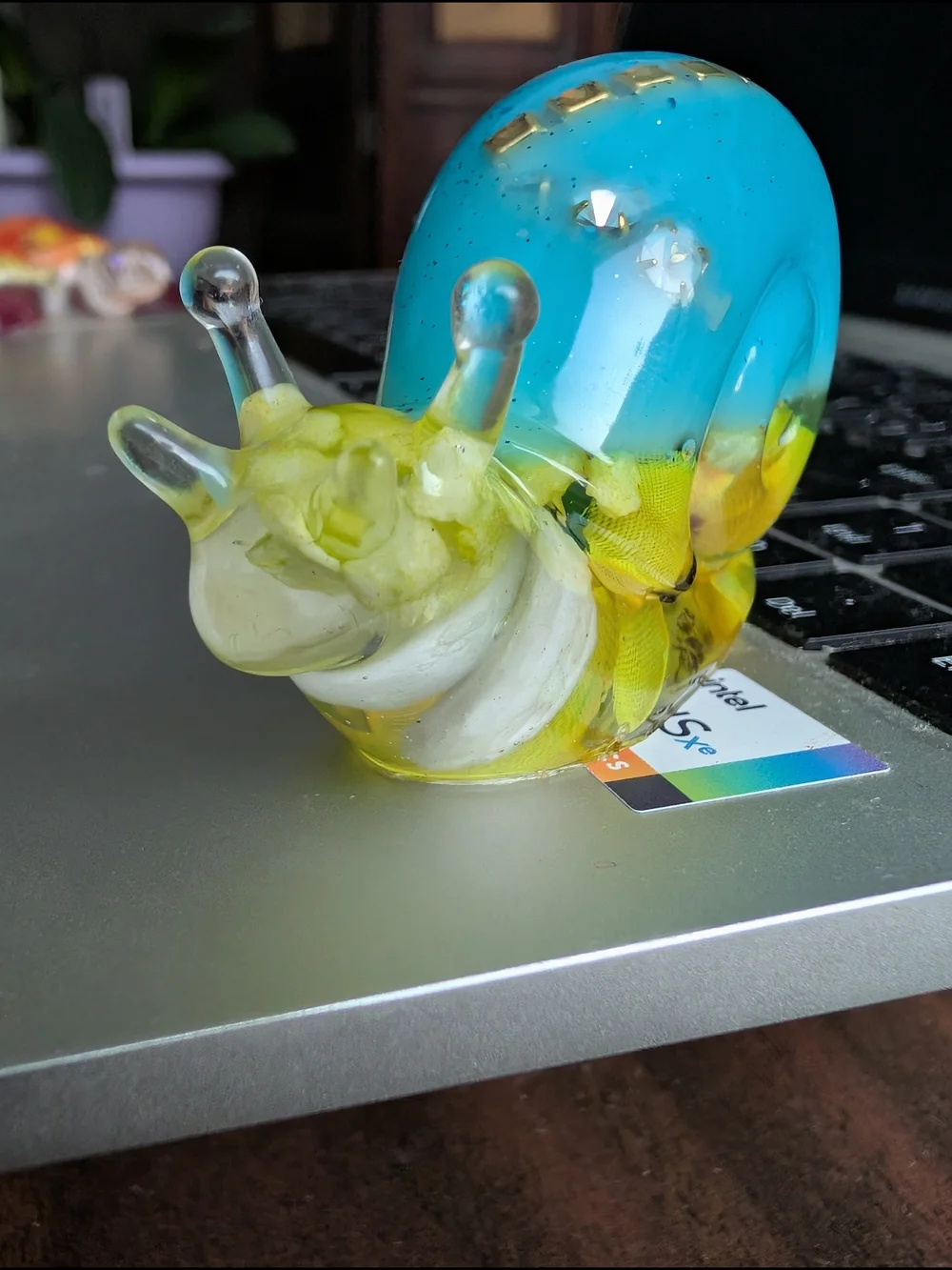 Handblown Resin Snail Figurine - Blue and Yellow